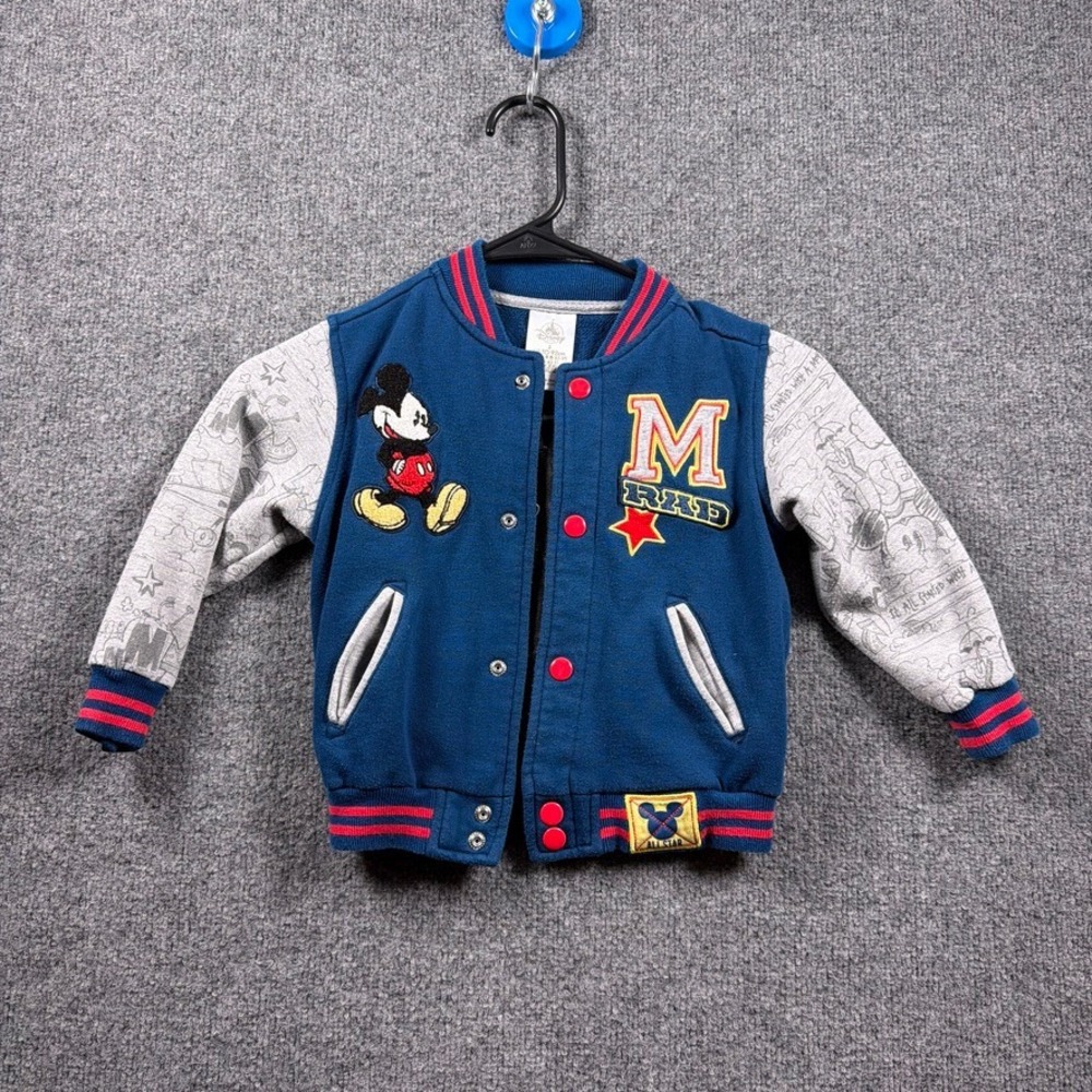Disney Store Varsity Jacket Kids Size 2 Navy Blue Mickey Mouse 28 Patch Snap Up
